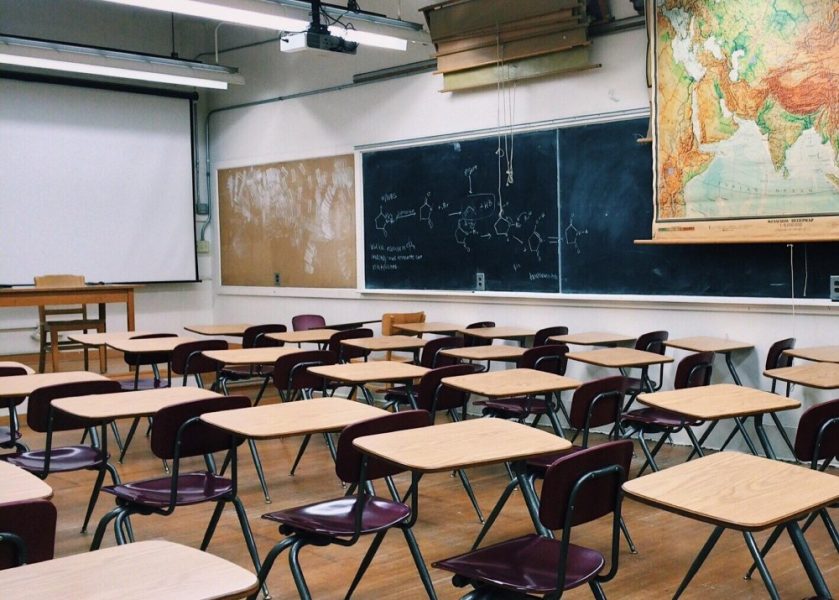 classroom, chair, table, projector, map