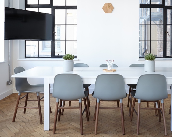 meeting, room, chairs, tv, white, plants, clock